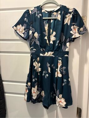ASTR The Label Deep V Neck Teal Multi Floral Print Romper